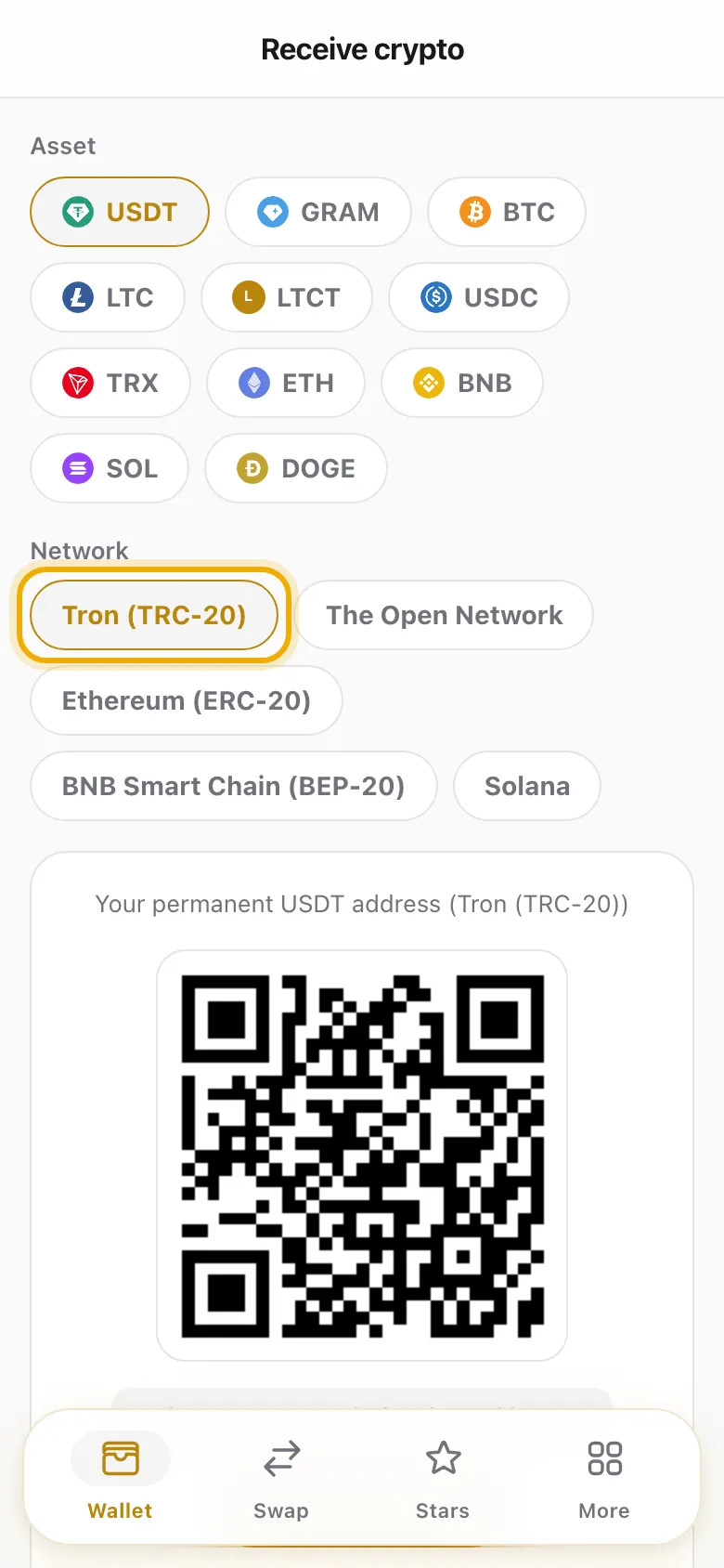 The Receive screen: pick the asset and network